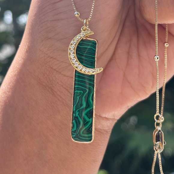 Malachite Moon Pendant Necklace 18K Gold Filled - Picture 2 of 5